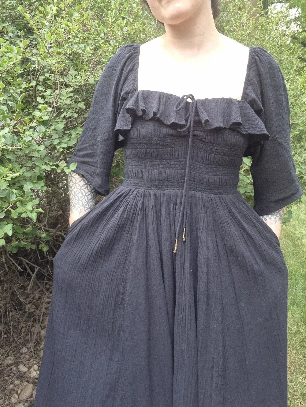 Free People Oasis Midi Dress in Black Cotton, Size M